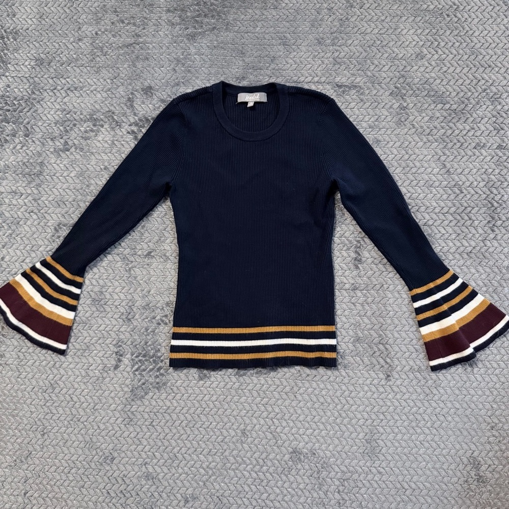Marled Women's Navy Knit Bell Sleeve Stretch Ribbed Sweater Size medium